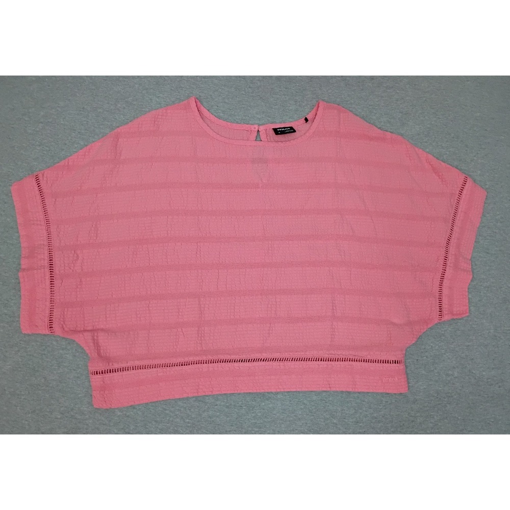 prAna Ocean Hills Top Guava Pink Organic Cotton Tencel Dobby Stripe Lace Trim M